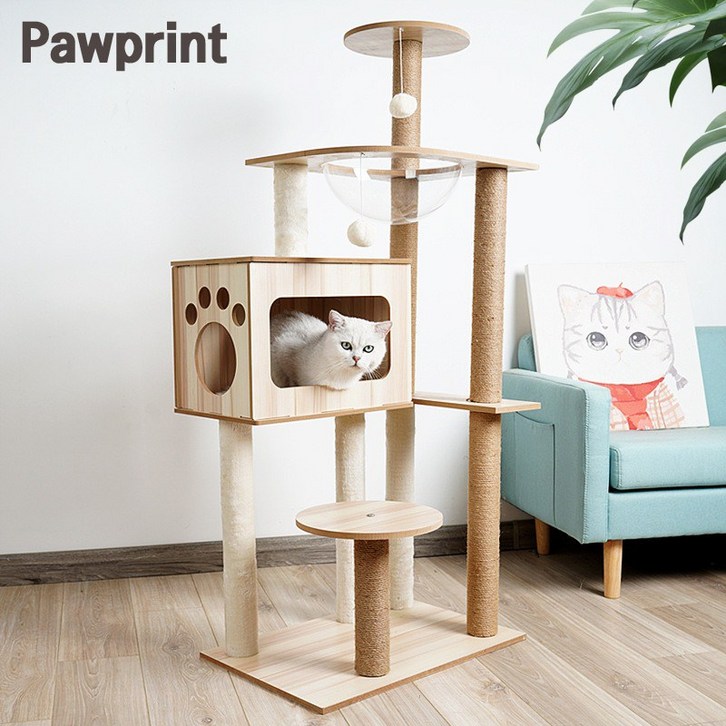 Pawprint 캣타워 고양이 스크래쳐, 견고한 원목 다층 구조로 놀이와 휴식 공간 제공, 대형 및 소형 고양이의 스트레스 해소와 활력 증진을 위한 필수품, 1세트