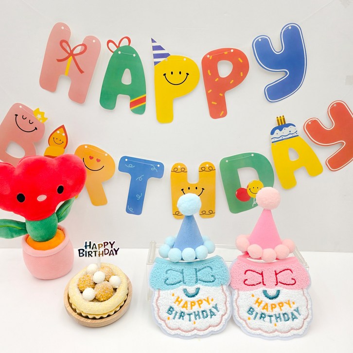 강아지케이크 생일파티상 4종 패키지 케이크모자턱받이세트가랜드생일픽 독특수제간식, 1세트, 100ml, 사이즈 소핑크