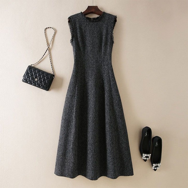 여성 모직 롱 민소매 원피스 여성 우아한 슬림핏 무지 민소매 울 드레스 매력적인 디자인 JXH