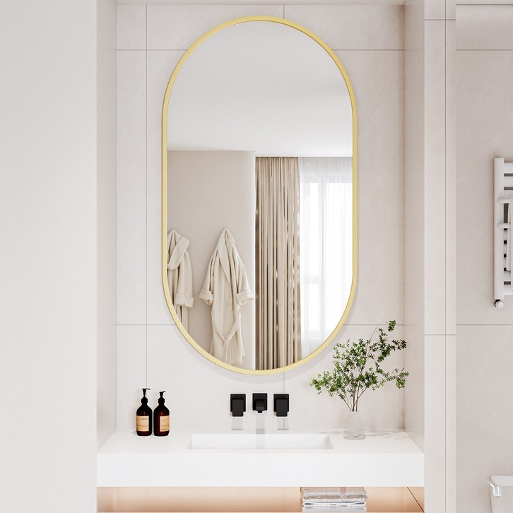 뷰티피크 타원형 벽거울 화장대거울 욕실거울 강화안전유리, 골드56cm