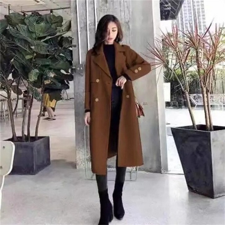 코트 겨울 자켓 얇은 검은 색 긴 무릎 위 모직 느슨한 얇은 모직 햅번 style74