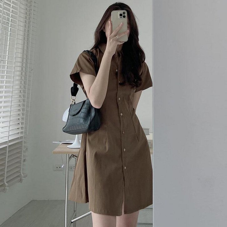AOKADA 여성 여름 카라 반팔 셔츠 미니 원피스