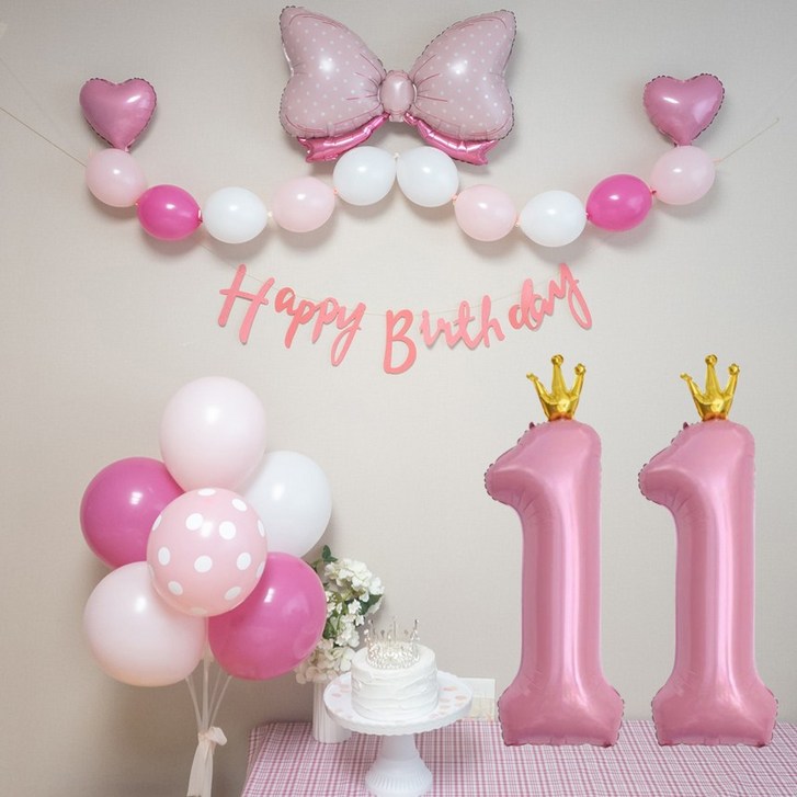 연지마켓 생일풍선 생일파티용품 리본풍선 숫자세트, 핑크리본 핑크세트 11