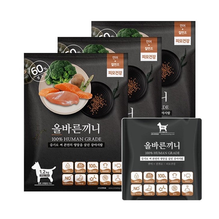 올바른끼니 플러스연어 칠면조피모건강 강아지사료  60생육, 100휴먼그레이드, 스팀공법 영양식 강아지밥, 피부털 개선, 1.2kg, 3개