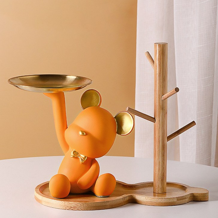 FB 곰돌이 테디베어 오브제 다용도 스탠드 트레이우드 트레이 세트 현관 자동차 키 수납, 오렌지베어