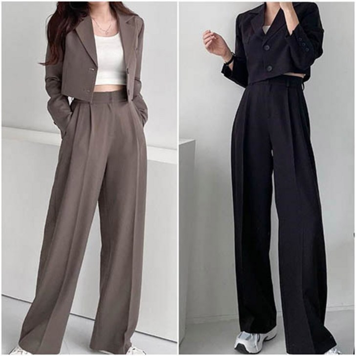 크림 크롭정장 자켓 블랙 와이드 뒷밴딩 슬랙스 세트