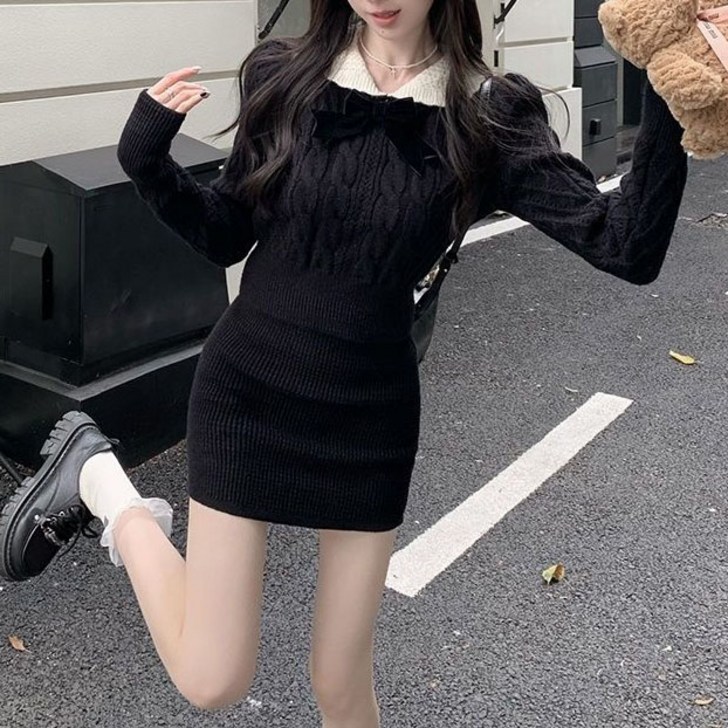 슬림소녀 여성 패션 리본 니트 상의 미니 치마 세트 기질 쇼트 스웨터 힙업 스커트 투피스