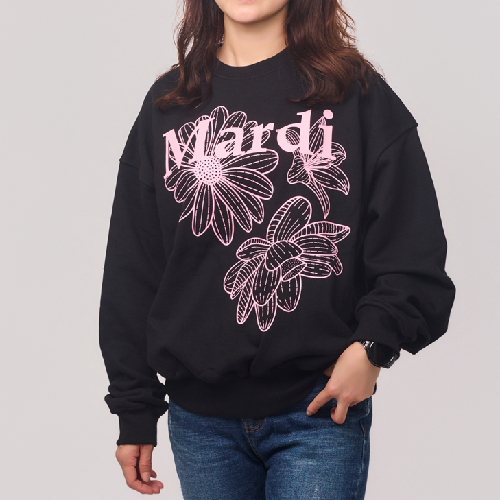 마르디메크르디 맨투맨 트리플 플라워 여성 긴팔 티셔츠 오버핏 블랙핑크