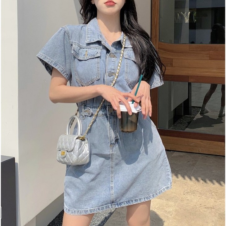 쪼예 허리밴딩 데님 반팔 미니 원피스 쪼예 허리밴딩 데님 반팔 미니 원피스