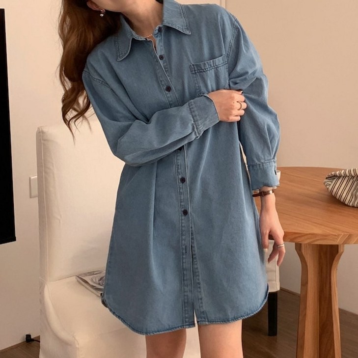 여성 청남방 원피스 데님 롱 셔츠 레이어드 연청 루미루미몰67686CZ