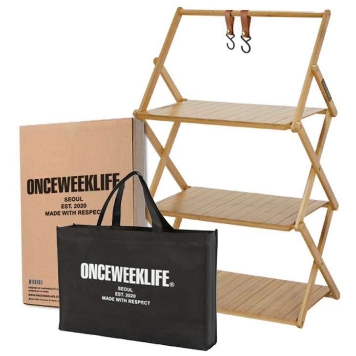 원스위크라이프 행어 접이식 우드 캠핑 선반  가방세트, 네추럴, 3단, 1개