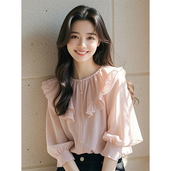 녕동 여성 프릴 블라우스 루즈핏 고급 긴팔 쉬폰 남방셔츠 하객룩 봄가을