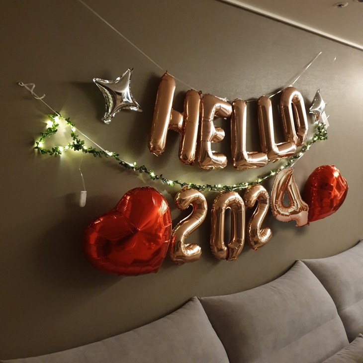 연말파티 풍선 세트  HELLO 6종 나뭇잎 가랜드 조명포함 신년 새해 파티용품