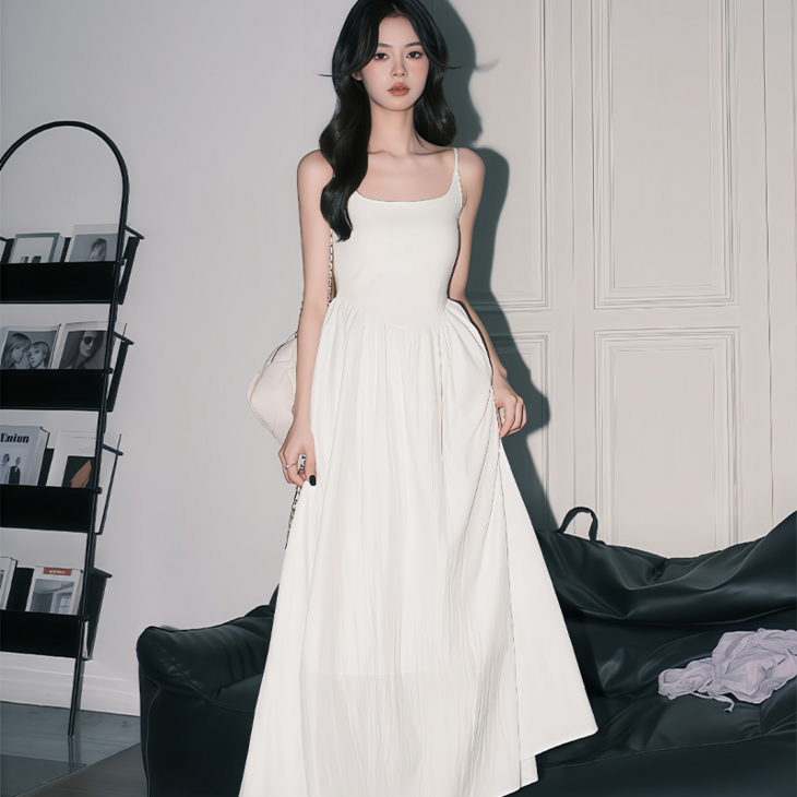 치마 스커트 여성 어깨끈조절 뷔스티에 끈 나시 롱 원피스