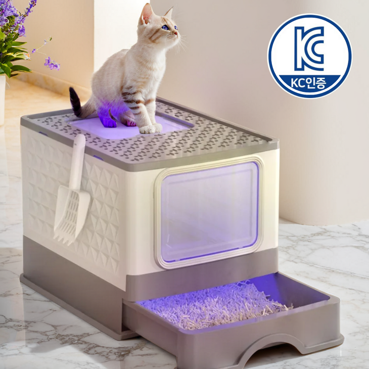 그린홈 대형 항균 고양이 후드형 화장실모래삽. UV살균등 냄새제거, 회색, 1개