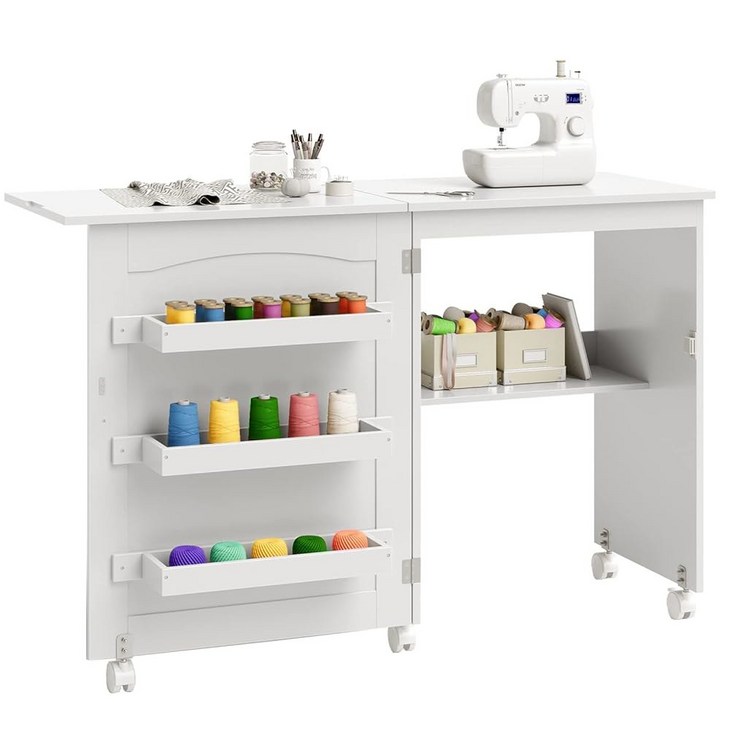 자이언텍스 접이식 재봉 공예 테이블 3 수납함과 선반이 있는 캐비닛 아파트 작은 공간을 위한 휠이 크래프트 스테이션 재봉틀 작업 책상 흰색