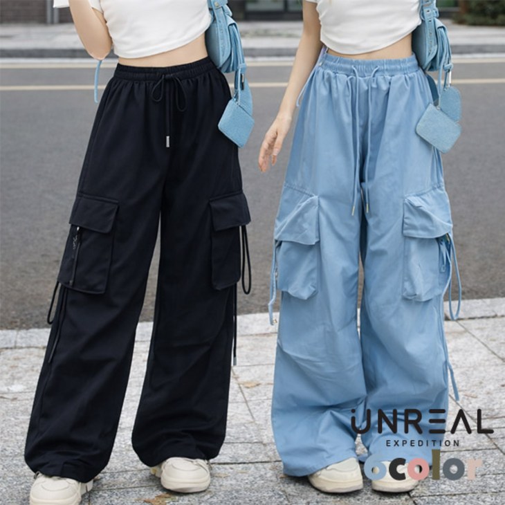 언리얼 투웨이 핏 스트링 카고 팬츠 여성 와이드 밴딩 조거 여름 롱 바지