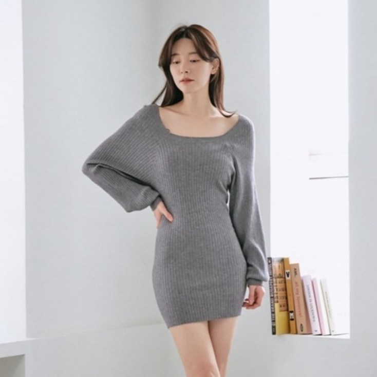 구디프 여성용 글램핏 볼륨 소매 퍼프 니트 미니 원피스