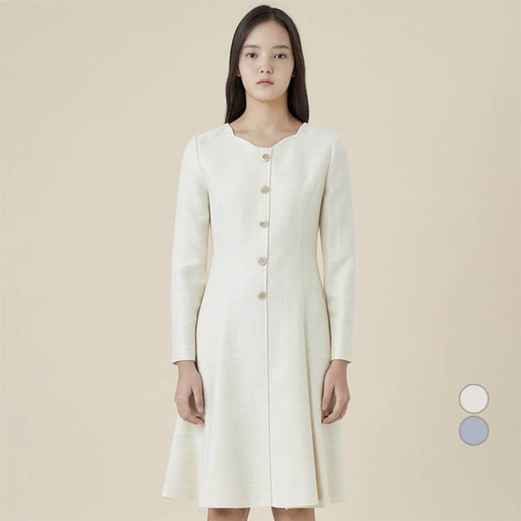 라인어디션 여성용 자수넥 쥬얼버튼 트위드 원피스