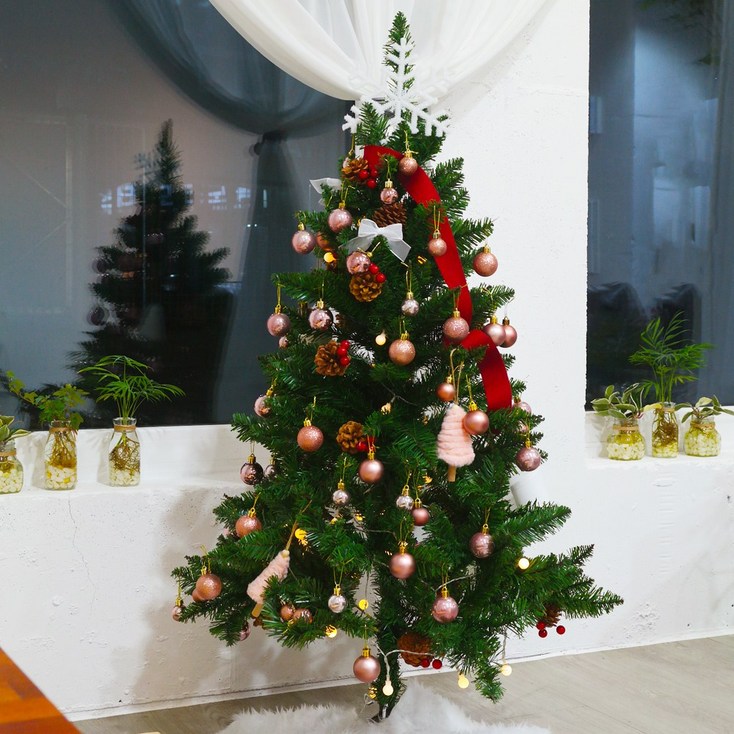 크리스마스트리 나무 전구 장식 풀세트 로즈골드 레드리본 120cm, 단일상품