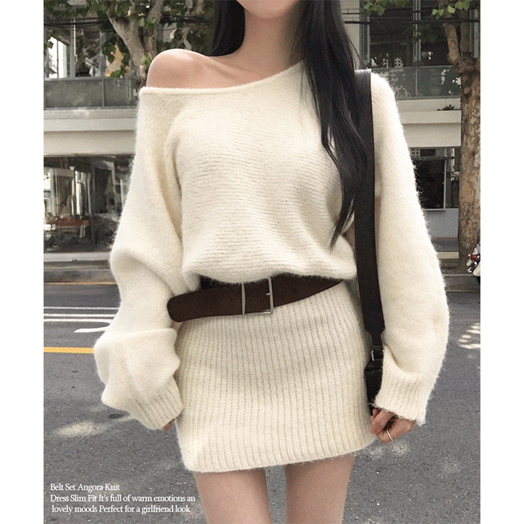 자스민벨 유앤 벨트 세트 앙고라 긴팔 라운드 원숄더 미니 니트 원피스 슬림 여리핏 레이어드 러블리 여친룩 데이트룩 겨울원피스겨울니트