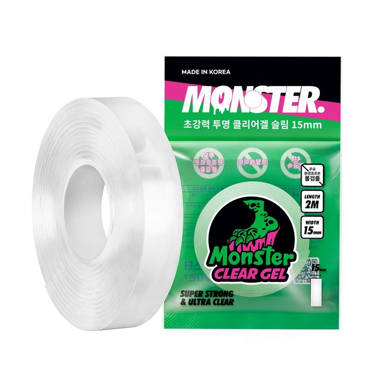 몬스터 클리어 겔 슬림 폭 좁은 초강력 나노 실리콘 양면테이프 15mm x 2m, 1개, 투명