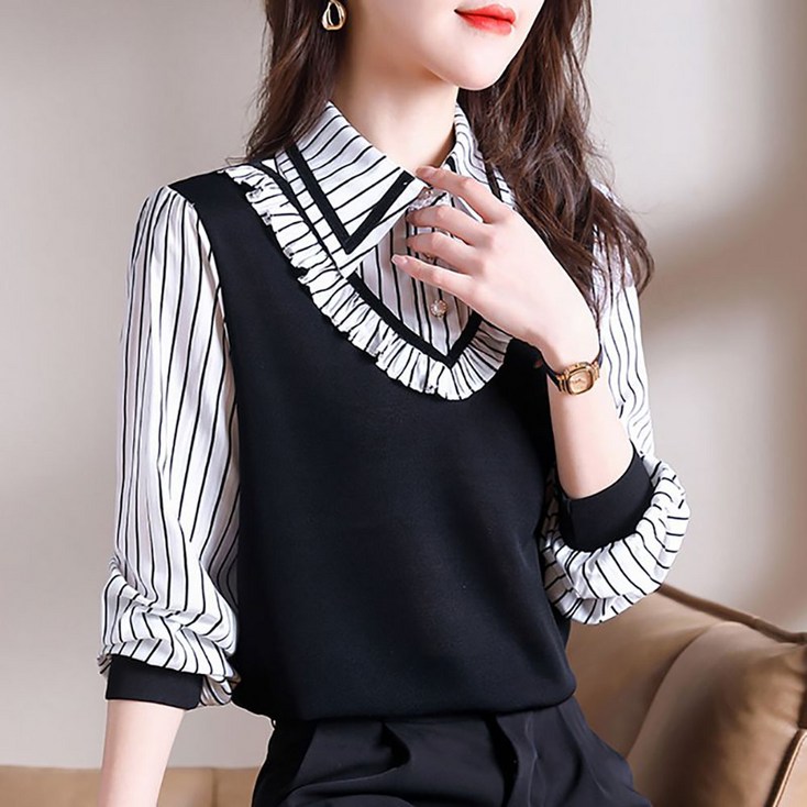 지고다그 여성용 봄가을 겨울 신상 레이어드 스타일 줄무늬 프릴 카라 긴팔 셔츠 블라우스 ZXC40739