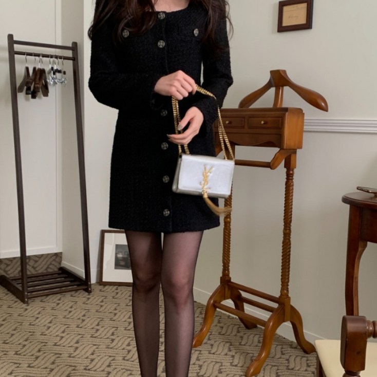 레이디 매직lady magic 여성 스퀘어넥 럭셔리 단추포인트 트위드 긴팔 미니 원피스