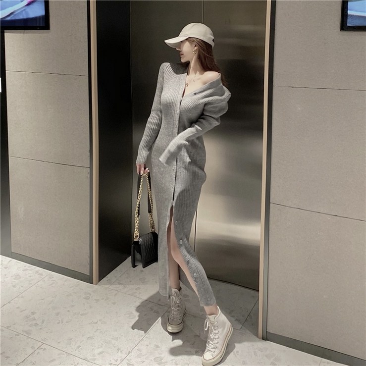 패피놀이 예쁜스타일링의 완성 스타일리쉬한 골지니트 롱니트드레스 HIGH QUALITY STYLISH KNIT BUTTON LONG KNIT DRESS
