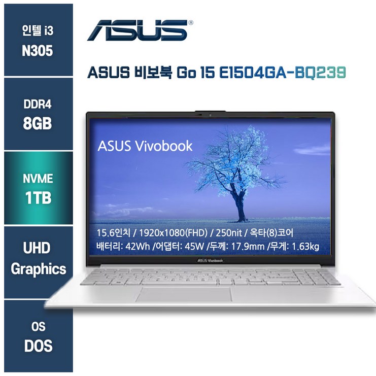 가성비노트북 ASUS노트북 비보복 E1504GA-BQ239, ASUS E1504GA-BQ239, Free DOS, 8GB, 1TB, 실버