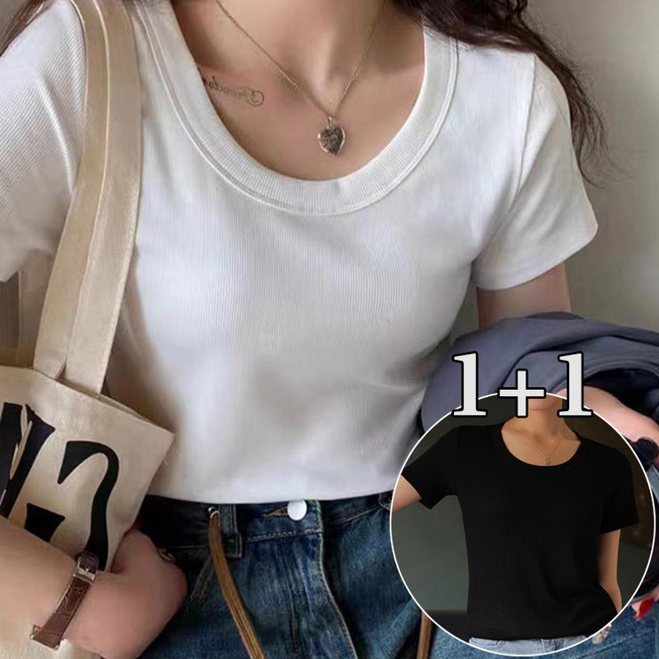여성 슬림핏 스판 기본 반팔 티셔츠 Tshirt 2개 여성 슬림핏 스판 기본 반팔 티셔츠 Tshirt 2개