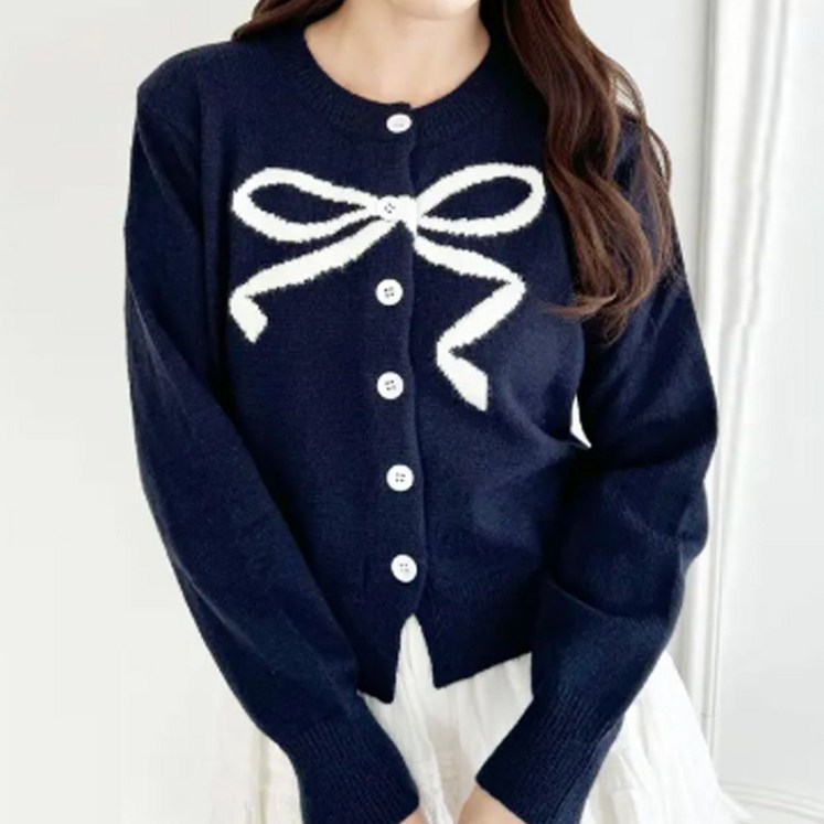 림블리 LB70381 빅 리본 라운드넥 니트 긴팔 가디건