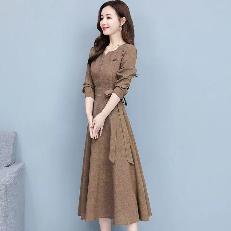 쩐쿠 가을 여성 라운드넥 긴소매 옆리본 롱 원피스 8316