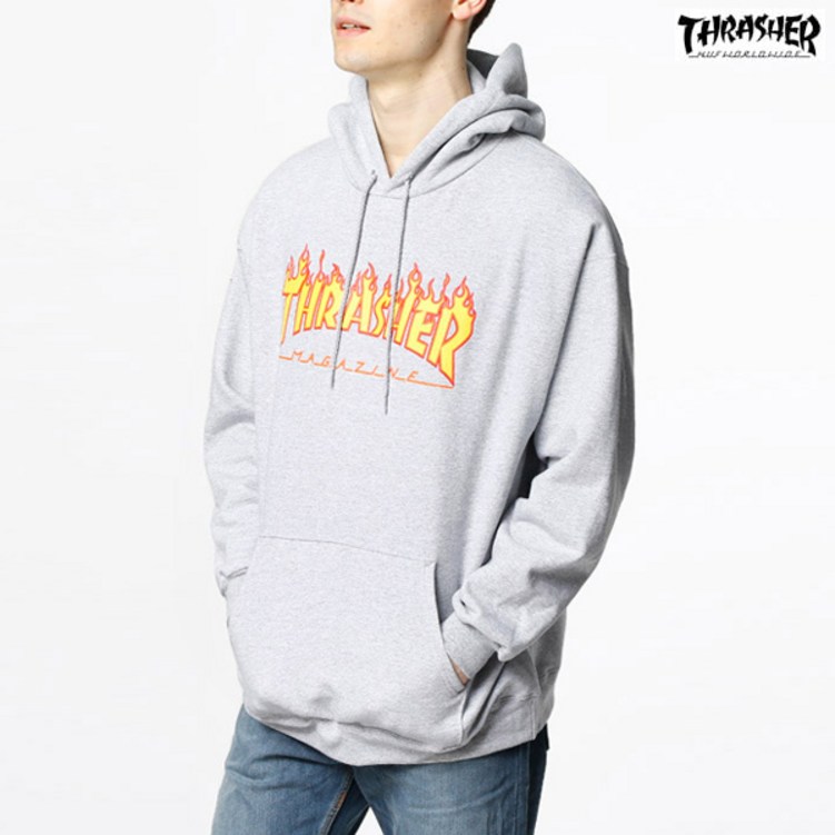 트레셔 플레임 불꽃 로고 THRASHER 그레이 후드티