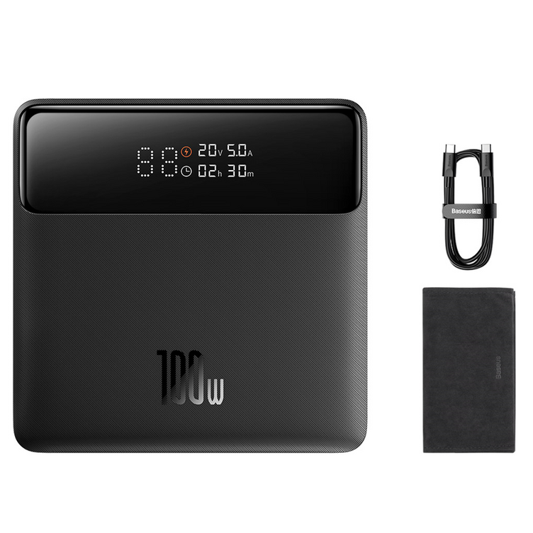 베이스어스 블레이드 2세대 100W 20000mAh HD 에디션 슬림 노트북 고출력 LED 디스플레이 보조배터리  C to C 100W 초고속충전 케이블 50cm, PPBLD100HD, 블랙