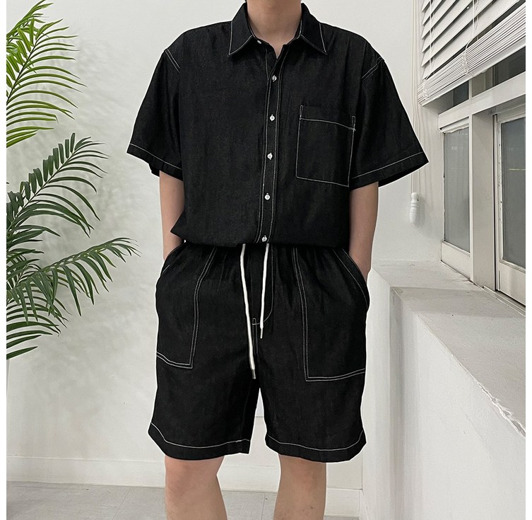 오버핏 스티치 데님셔츠 셋업 와이드 데님반바지