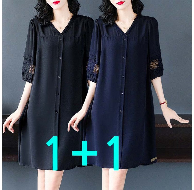 BIKASU 여성 여름 빅사이즈 쉬폰 원피스 캐주얼 중년 통근 원피스 11