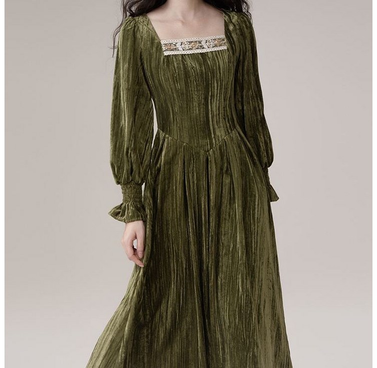 여성 스퀘어넥 긴팔 원피스 여성용 벨벳 드레스 고급스러운 디자인 가을 겨울 스타일 CBB