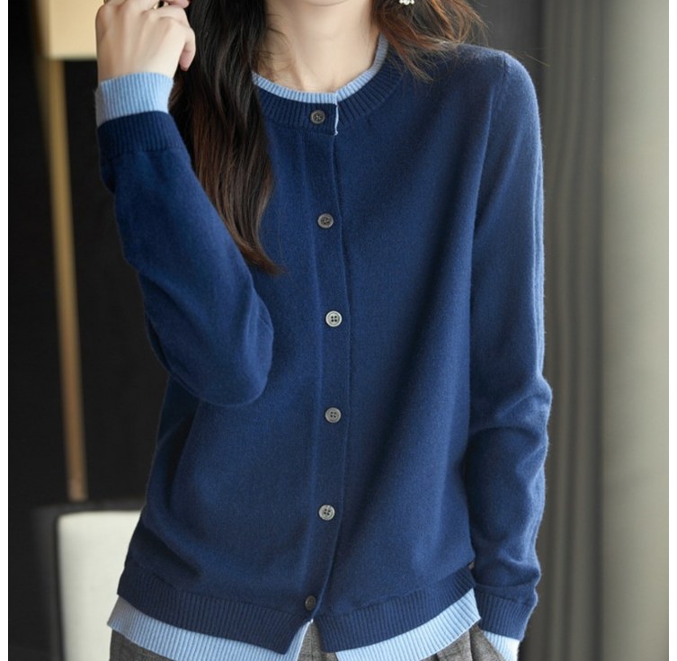 라부라카 예쁜 레이어드 배색 여성 니트 가디건 가을 겨울  라운드 가디건 빨간 가디건 간절기 30대 여성 의류