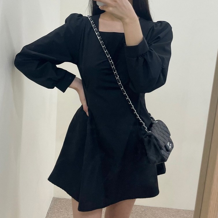 VANANA2 국내제작 여성용 셔링 스퀘어넥 퍼프 허리 스트랩 미니원피스 3color