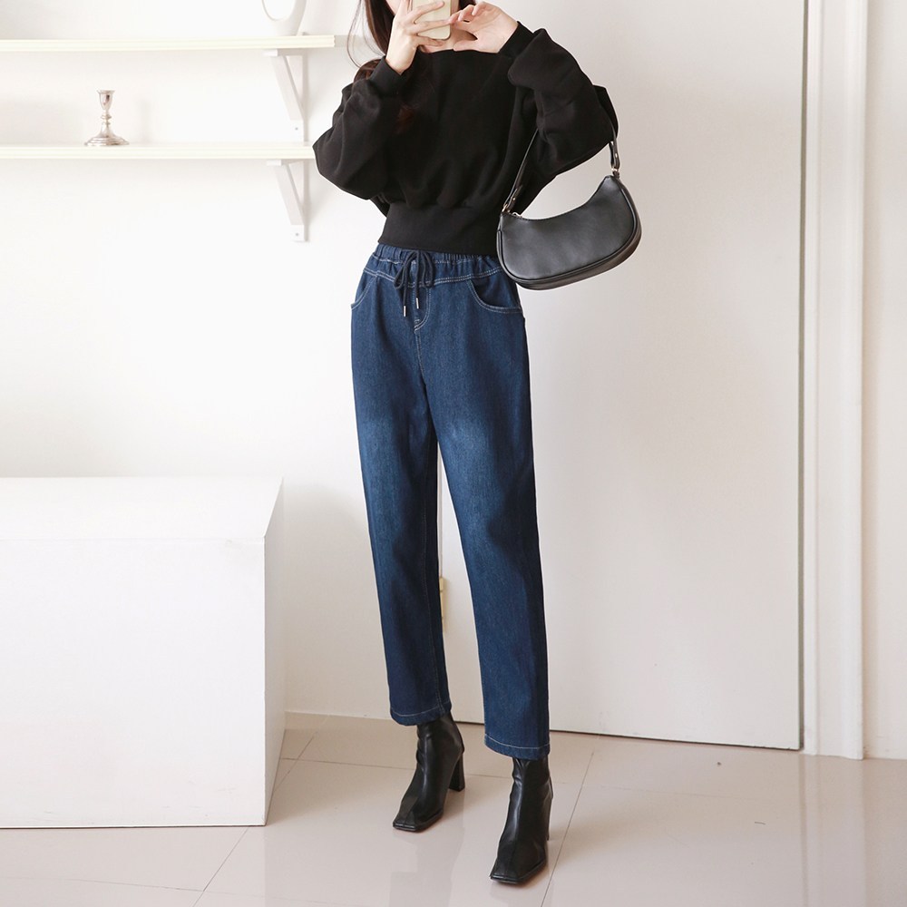 빅빅몰 [편한바지] 융기모 여성용 배기 청바지 본딩 기모 밴딩 데님 빅사이즈 - thumb image