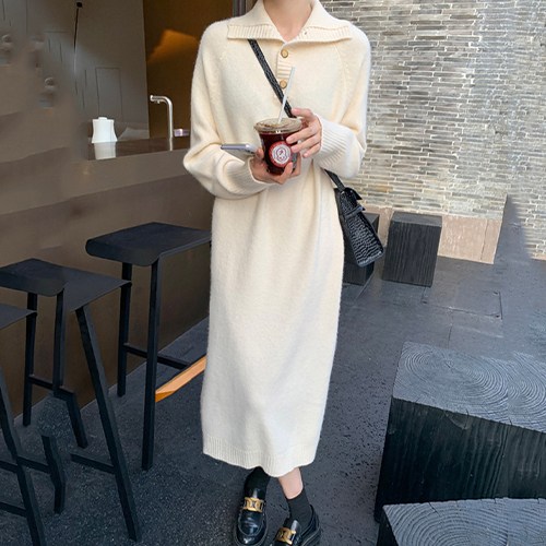 데일로엔 여성 포근한 카라넥 긴팔 롱 원피스 - thumb image