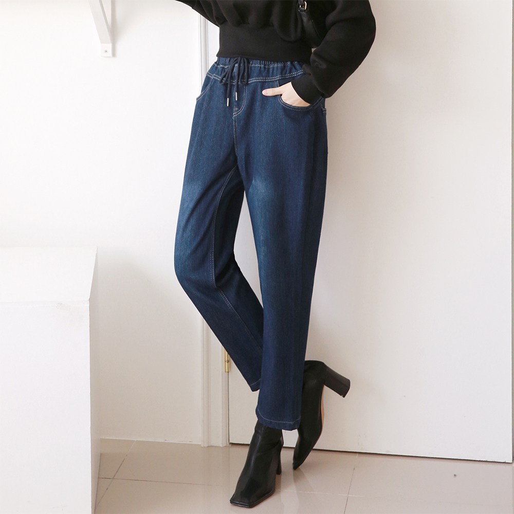 빅빅몰 [편한바지] 융기모 여성용 배기 청바지 본딩 기모 밴딩 데님 빅사이즈 - thumb image